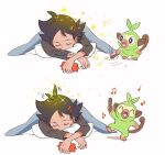  1boy antenna_hair artist_name closed_eyes eyelashes fangs gen_4_pokemon gen_8_pokemon goh_(pokemon) grookey holding holding_phone holding_stick lying male_focus matsuno_opa musical_note on_stomach open_mouth phone pillow pokemon pokemon_(anime) pokemon_(creature) pokemon_swsh_(anime) rotom rotom_phone shirt sleeping smile sparkle squatting standing standing_on_one_leg starter_pokemon stick tongue under_covers white_background 