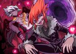  2boys colored_skin dual_persona evil_smile jacket jewelry leather leather_jacket male_focus multiple_boys nato_(maanguito) necklace no_mouth orange_hair purple_eyes purple_skin shingetsu_rei sideburns smile spiked_hair squatting tongue tongue_out vector_(yu-gi-oh!) white_hair yu-gi-oh! yu-gi-oh!_zexal 