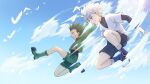  2boys black_tank_top boots child cloud cloudy_sky commentary falling gon_freecss green_footwear green_hair green_shorts highres hunter_x_hunter jumping killua_zoldyck looking_down male_focus multiple_boys outdoors purple_footwear shine_cheese short_hair shorts sky spiked_hair tank_top 