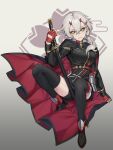  1girl absurdres azur_lane black_cape black_jacket black_legwear breasts cape epaulettes fingerless_gloves full_body gloves gradient gradient_background grey_hair highres holding holding_sword holding_weapon horns jacket katana kinu_(azur_lane) large_breasts looking_at_viewer oni_horns red_cape red_gloves red_nails sakura_empire_(emblem) senshu sheath sheathed simple_background solo sword thighhighs two-tone_cape weapon yellow_eyes 