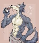  &lt;3 2021 abs anthro beastars blush bottle canid canine canis claws drinking eyes_closed fur hi_res legoshi_(beastars) male mammal milk muscular muscular_anthro muscular_male navel pink_background simple_background solo standing towel towel_only wet wet_body wet_fur wolf yuzuki_fang111 