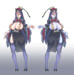  absurdres alternate_costume bai_linqin bangs blush breasts cleavage colored_skin dress full_body gradient gradient_background hat highres jiangshi large_breasts licking_lips lips long_hair long_sleeves looking_at_viewer minamoto_no_raikou_(fate) ofuda parted_bangs partially_visible_vulva purple_legwear purple_skin red_eyes see-through slingshot_swimsuit smile swimsuit swimsuit_under_clothes thighhighs thighs tongue tongue_out very_long_hair wide_sleeves 