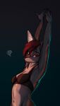  &lt;3 2021 anthro biped black_bra black_clothing black_underwear bra breasts canid canine canis clothing female hair hands_above_head hi_res mammal navel oxfort2199 red_eyes red_hair simple_background smile stretching_arms underwear wolf 