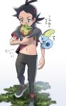  1boy ajc antenna_hair bangs black_hair black_pants blue_eyes commentary_request eyelashes gen_8_pokemon goh_(pokemon) grass grey_shirt grookey highres lifted_by_self male_focus medium_hair navel pants pokemon pokemon_(anime) pokemon_(creature) pokemon_swsh_(anime) red_legwear shirt shirt_lift shoes short_sleeves sobble socks standing starter_pokemon translation_request white_background 