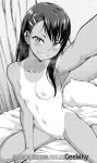  1girl absurdres arm_up armpits asymmetrical_bangs bangs blush breasts completely_nude dark_skin dark_skinned_female ear_clip earrings fang female_pubic_hair geewhy grin hair_ornament hairclip highres ijiranaide_nagatoro-san jewelry long_hair nagatoro_hayase navel nipples nude on_bed one-piece_tan pubic_hair pussy reaching_out selfie sitting small_breasts smile solo stud_earrings tan tanline uncensored wariza 