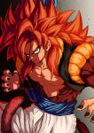  1boy abs blue_eyes brown_fur dragon_ball dragon_ball_gt fusion fusion_dance gogeta highres looking_at_viewer metamoran_vest monkey_boy monkey_tail muscular muscular_male no_nipples obi pants red_hair relio_db318 sash smile solo spiked_hair super_saiyan super_saiyan_4 tail white_pants 