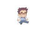  1boy blue_shirt brown_hair cerise_(pokemon) character_doll chibi collared_shirt glasses labcoat male_focus multicolored_hair pokemon pokemon_(anime) pokemon_swsh_(anime) red_hair saturday_(hokawazu) shirt simple_background smile solo streaked_hair thick_eyebrows white_background 