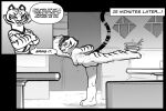  anthro balance barely_visible_genitalia barely_visible_pussy bodily_fluids breasts comic dreamworks english_text female fur genitals humanoid kung_fu_panda master_tigress monochrome nude pussy small_breasts solo submarine_screw sweat text 