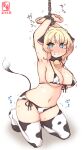  1girl @_@ alternate_costume animal_ears animal_print armpits arms_up artist_logo bikini blonde_hair blue_eyes bound breasts chain clenched_teeth colorado_(kancolle) commentary_request covered_nipples cow_ears cow_horns cow_print cow_tail dated fake_animal_ears fake_horns front-tie_top full_body highres horns kanon_(kurogane_knights) kantai_collection ku_koro large_breasts looking_at_viewer one-hour_drawing_challenge short_hair side-tie_bikini side_braids simple_background solo swimsuit tail teeth thighhighs tied_up white_background white_bikini white_legwear 