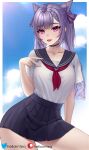  1girl bangs blue_sailor_collar blue_skirt blue_sky blush breasts choker collarbone double_bun genshin_impact helloimtea highres keqing_(genshin_impact) long_hair looking_at_viewer medium_breasts neckerchief open_mouth pleated_skirt purple_eyes purple_hair red_neckwear sailor_collar school_uniform serafuku shirt short_sleeves skirt sky smile swept_bangs thighs twintails white_shirt 