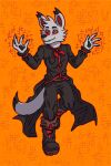  4_fingers anthro black_and_red black_tipped_ears boots canid canine canis cheek_tuft clothed clothing coat eatryiues facial_tuft fingers footwear fully_clothed fur grey_body grey_fur head_tuft hi_res male mammal nails orange_background orange_eyes pawpads pockets psychokinesis red_sclera scarf simple_background solo superflatpsyche tail_coat topwear tuft wolf 