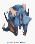  ambiguous_gender being_held blue_body blue_fur capcom digital_media_(artwork) dragon feral flying_wyvern fur hi_res monster_hunter nargacuga simple_background video_games white_background wyvern xezeno 