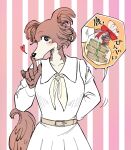  &lt;3 2021 anthro bag beastars belt blush canid canine canis claws clothed clothing dress female front_view gift hi_res japanese_text juno_(beastars) looking_at_viewer mammal neckerchief pattern_background ribbons simple_background standing striped_background text translation_request wolf yuzuki_fang111 