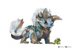  ambiguous_gender amphibian blue_body blue_scales brown_body brown_scales capcom digital_media_(artwork) duo fanged_wyvern feral frog fur hi_res horn monster_hunter paratoad_(species) scales simple_background smile video_games white_background white_body white_fur xezeno zinogre 