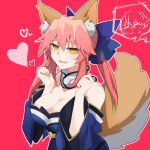  1girl animal_ear_fluff animal_ears artist_request bare_shoulders blue_kimono blue_ribbon breasts collarbone detached_sleeves eyebrows_visible_through_hair fate/extella fate/extra fate/extra_ccc fate/grand_order fate_(series) fox_ears fox_girl fox_tail hair_ribbon heart highres japanese_clothes kimono kishinami_hakuno_(male) large_breasts looking_at_viewer open_mouth pink_hair red_background ribbon simple_background solo speech_bubble tail tamamo_(fate)_(all) tamamo_no_mae_(fate) yellow_eyes 