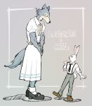  2021 anthro beastars belt bottomwear canid canine canis clothed clothing crossgender dress duo english_text female footwear ftm_crossgender grey_background haru_(beastars) hi_res lagomorph legoshi_(beastars) leporid looking_at_another male mammal mtf_crossgender neckerchief necktie pants rabbit shirt shoes simple_background size_difference standing suspenders text topwear wolf yuzuki_fang111 