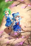  2girls :d :o ankle_socks arms_behind_back black_footwear blue_dress blue_eyes blue_hair blue_skirt blue_vest blurry blurry_background blurry_foreground bow brown_footwear cherry_blossoms cirno commentary_request cravat daiyousei day dirt_road dress fairy_wings from_above full_body grass green_eyes green_hair hair_bow hand_to_forehead highres looking_to_the_side multiple_girls nogiguchi one_side_up open_mouth outdoors pinafore_dress puffy_short_sleeves puffy_sleeves red_neckwear road shadow shirt short_hair short_sleeves skirt smile standing touhou tree_branch vest white_legwear white_shirt wings yellow_neckwear 