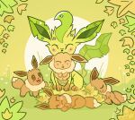  2021 :3 ambiguous_gender blush brown_body brown_eyes brown_fur brown_paws digital_media_(artwork) eevee eeveelution eyes_closed feral fur grass green_body green_fur group happy hi_res leaf leaf_pile leafeon lying mammal nintendo on_side open_mouth open_smile outside plant pok&eacute;mon pok&eacute;mon_(species) quadruped scruff_biting smile standing stevedoodled sun tan_body tan_fur video_games watermark 