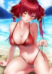  1girl absurdres arm_support armpit_crease bangs beach bikini blurry blurry_background blush breasts collarbone commentary_request embarrassed eyebrows_visible_through_hair eyelashes feet_out_of_frame hair_ribbon heterochromia highres hololive houshou_marine large_breasts long_hair looking_at_viewer navel open_mouth red_bikini red_eyes red_hair red_ribbon ribbon shiny shiny_hair side-tie_bikini sitting solo swimsuit thighs twintails untied untied_bikini untying virtual_youtuber wet yellow_eyes zyunsei777 