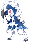  2017 3_fingers 4_toes accessory anthro black_claws black_nose blue_body blue_fur bodily_fluids canid canine chest_tuft claws digitigrade drooling feet female fiddleafox fingers fluffy_chest fur hi_res leg_accessory looking_back lycanroc mammal midnight_lycanroc moro_(fiddleafox) nintendo pok&eacute;mon pok&eacute;mon_(species) red_eyes saliva sharp_claws sharp_teeth shiny_pok&eacute;mon small_tail smile solo teeth toes tuft video_games white_body white_fur 