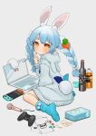  1girl alcohol animal_ears bangs blue_hair blue_legwear bottle braid bunny_ears bunny_tail carrot_hair_ornament computer controller cup ears food_themed_hair_ornament gotoh510 hair_ornament highres hololive hood hoodie laptop looking_at_viewer microphone nintendo_switch orange_eyes orange_juice rabbit_girl rubber_band simple_background sitting smile socks solo tail thick_eyebrows twintails usada_pekora virtual_youtuber wariza white_background 