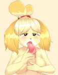  2019 animal_crossing anthro black_nose blonde_hair breasts canid disembodied_penis dodo_mpa duo female genitals hair human human_on_anthro interspecies isabelle_(animal_crossing) licking male male/female mammal nintendo nude open_mouth oral penile penis penis_lick sex simple_background tongue tongue_out video_games yellow_body 