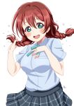  1girl :d adjusting_hair bangs black_skirt blue_shirt blush bow bowtie braid breasts commentary_request emma_verde freckles green_eyes green_neckwear hand_on_own_chest highres large_breasts love_live! love_live!_nijigasaki_high_school_idol_club nijigasaki_academy_uniform open_mouth plaid plaid_skirt pleated_skirt ranemu red_hair shirt short_hair short_sleeves sidelocks signature simple_background skirt smile solo summer_uniform twin_braids upper_body upper_teeth white_background 