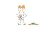  brown_eyes carrot commentary_request fang gen_8_pokemon highres holding nao_me_mo paws pokemon pokemon_(creature) scorbunny simple_background solo standing starter_pokemon toes white_background 