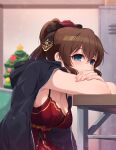  1girl blue_eyes bow breasts brown_hair christmas_tree cleavage commentary crossed_arms dress hair_bow idolmaster idolmaster_million_live! idolmaster_million_live!_theater_days jacket kamille_(vcx68) locker long_hair looking_at_viewer ponytail satake_minako solo table 