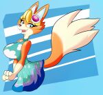  2021 animal_crossing anthro audie_(animal_crossing) big_breasts biped blonde_hair blue_eyes breasts canid canine canis clothed clothing digital_media_(artwork) dipstick_tail dress eyewear eyewear_on_head female fluffy fluffy_tail fur gloves_(marking) hair hi_res looking_at_viewer mammal markings multicolored_tail nintendo orange_body orange_fur paws sharp_teeth side_view smile solo solratic sunglasses teeth teeth_visible video_games waist_up wolf 