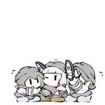  3girls black_headwear black_scarf blue_skirt brown_footwear brown_hair chibi commentary_request dress fubuki_(kancolle) grey_footwear headgear hime_cut kantai_collection long_hair low_ponytail medium_hair multiple_girls murakumo_(kancolle) no_mouth one_eye_closed pleated_skirt sailor_dress scarf school_uniform serafuku shirayuki_(kancolle) shirt shoes sidelocks silver_hair simple_background skirt task_(s_task80) uniform white_background white_dress white_shirt |_| 