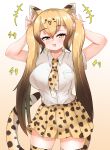  +++ 1girl akaisuto alternate_hairstyle animal_ears animal_print arms_up bangs bare_arms blonde_hair breast_pocket brown_hair cat_girl cheetah_(kemono_friends) cheetah_ears cheetah_girl cheetah_print cheetah_tail collared_shirt commentary_request extra_ears eyebrows_visible_through_hair fang fingernails gradient_hair hair_between_eyes half-closed_eyes highres holding holding_hair kemono_friends long_hair looking_at_viewer miniskirt multicolored_hair nail_polish necktie open_mouth pleated_skirt pocket print_legwear print_neckwear print_skirt shirt short_sleeves skirt smile solo tail thighhighs twintails two-tone_hair very_long_hair white_shirt wing_collar yellow_eyes zettai_ryouiki 