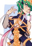  1boy artist_name byleth_(fire_emblem) byleth_(fire_emblem)_(male) cleavage_cutout clothing_cutout cosplay cowboy_shot cutout fire fire_emblem fire_emblem:_three_houses highres looking_at_viewer simple_background sothis_(fire_emblem) sothis_(fire_emblem)_(cosplay) standing 
