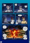  admiring anthro athletic blue_eyes brown_body brown_eyes brown_fur calling_out canid canine canis clothed clothing cobby_(vju79) comic contemplating dialogue duo emerging english_text explosion fire freedom fur gervic_(vju79) grey_body grey_fur hair hi_res looking_at_fire male mammal muscular muscular_anthro muscular_male night open_mouth pecs pirate rear_view red_hair ship swimming tattoo text topless vehicle vju79 water watercraft wolf worried 