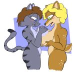  anthro blush breasts cervid conjoined conjoined_breasts domestic_cat duo felid feline felis female hair hi_res mammal skewedl0gic 