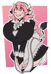  2b-labs alternate_species animal_humanoid big_breasts bovid bovid_humanoid bovine bovine_humanoid breasts cattle_humanoid clothing dress female fire_emblem fire_emblem_fates hair hi_res horn huge_breasts humanoid maid_uniform mammal mammal_humanoid nintendo pink_hair simple_background smile soleil_(fire_emblem) solo tail_tuft tuft uniform video_games 