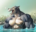  2020 abs anthro biceps black_nipples black_nose canid canine canis day eye_scar facial_scar fur grey_body grey_fur koreanhusky male mammal muscular muscular_anthro muscular_male nipples open_mouth outside partially_submerged pecs plant scar solo veiny_muscles water white_body white_fur wolf yellow_eyes 