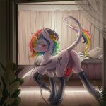  1:1 2021 anus balls bed bedroom_eyes blush butt cutie_mark detailed_background dragon english_text equid equine erection fan_character feral fur furniture genitals grey_body grey_scales hasbro hi_res hooves horn horse hybrid inside latex_stockings leash looking_at_viewer looking_back lunarlacepony male mammal mane membrane_(anatomy) membranous_wings multicolored_mane multicolored_tail my_little_pony narrowed_eyes penis perineum pillow pink_eyes plant pony presenting presenting_hindquarters puffy_anus quadruped rainbow_mane rainbow_tail raised_tail rear_view scales seductive side_mouth signature solo spread_wings tail_tuft text tuft white_body white_fur white_wings wings 