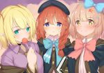  3girls :q ahoge bangs beret black_headwear blonde_hair blue_bow blue_eyes blush bow bowtie braid brown_hair brown_jacket brown_neckwear candy chieru_(princess_connect!) chloe_(princess_connect!) closed_mouth collared_shirt commentary_request eyebrows_visible_through_hair food green_eyes hair_between_eyes hair_bow hair_ornament hairband hat jacket lollipop long_hair long_sleeves looking_at_viewer multiple_girls necktie open_mouth pink_bow pink_neckwear piyodesu pointy_ears princess_connect! princess_connect!_re:dive purple_shirt red_hair shirt short_hair smile star_(symbol) star_hair_ornament tongue tongue_out twin_braids twintails upper_body yellow_eyes yuni_(princess_connect!) 