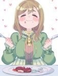  ^_^ bangs belt_buckle blush_stickers breasts brown_hair buckle closed_eyes cream_(nipakupa) eyebrows_visible_through_hair flower_(symbol) food food_on_face fork frills green_jacket heart high-waist_skirt jacket knife kunikida_hanamaru large_breasts long_hair love_live! love_live!_sunshine!! low_ponytail sidelocks skirt smile steak vegetable yellow_eyes 