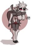  2021 anthro areola bent_over bovid breasts capaoculta caprine caprine_demon clothed clothing demon eyelashes female fur goat goat_demon grey_body grey_fur hanging_breasts hi_res hooves horn mammal mistel_(capaoculta) neck_tuft nipples panties panties_down red_clothing red_sclera red_underwear removing_underwear simple_background solo standing topless tuft underwear underwear_down undressing 