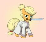  applejack_(mlp) asian_clothing blonde_mane clothing crossover earth_pony east_asian_clothing equid equine female feral freckles friendship_is_magic fur green_eyes hasbro horse japanese_clothing katana kimono looking_at_viewer mammal mane melee_weapon mew-me my_little_pony orange_body orange_fur pony samurai samurai_jack samurai_jack_(character) solo sword sword_in_mouth warrior weapon yellow_tail 