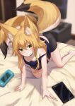  1girl all_fours animal_ear_fluff animal_ears bare_arms bare_shoulders bed black_shorts blonde_hair blue_shirt blurry breasts depth_of_field fox_ears fox_girl fox_tail game_console green_eyes grin highres ipad kokonoe_tsubaki long_hair looking_at_viewer multiple_tails on_bed original ponytail shirt short_shorts shorts sleeveless sleeveless_shirt small_breasts smile solo strap_slip tablet_pc tail two_tails yoshizawa_tsubaki 