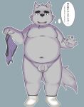  2021 anthro balls black_nose canid canine canis domestic_dog flaccid genitals hi_res humanoid_genitalia humanoid_hands humanoid_penis japanese_text kemono male mammal moobs naiton_gr nipples overweight overweight_male penis simple_background solo text 
