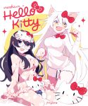  2girls absurdres animal_ears bakemonogatari black_hair black_hanekawa blue_eyes breasts cat_ears cat_girl fang glasses hair_between_eyes hair_ribbon hanekawa_tsubasa hello_kitty highres lipstick long_hair looking_at_viewer makeup monogatari_(series) multicolored multicolored_eyes multiple_girls p_enporo pajamas paw_pose ribbon shorts signature sitting thighs white_hair white_shorts yellow_eyes 