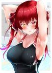  1girl absurdres armpits arms_behind_head arms_up bangs black_swimsuit blurry blurry_background blush border breasts cleavage collarbone commentary_request embarrassed eyebrows_visible_through_hair eyelashes hair_between_eyes heterochromia highres hololive houshou_marine large_breasts long_hair one-piece_swimsuit open_mouth pool poolside red_eyes red_hair shiny shiny_hair shiny_skin sidelocks solo swimsuit twintails upper_body virtual_youtuber wet white_border yellow_eyes zyunsei777 