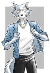  2021 anthro beastars border canid canine canis clothed clothing ear_twitch front_view grey_background hi_res legoshi_(beastars) looking_at_viewer male mammal motion_lines open_clothing open_shirt open_topwear scar shirt simple_background solo standing topwear white_border wolf yuzuki_fang111 