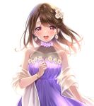  1girl :d amagi_shino bare_shoulders blush bracelet breasts brown_hair character_request cleavage collarbone copyright_request dress flower hair_flower hair_ornament highres jewelry long_hair looking_at_viewer open_mouth purple_dress red_eyes simple_background smile solo white_background 