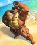  2020 5_fingers 5_toes absurd_res anthro beach beard big_muscles body_hair brown_body brown_fur brown_nipples brown_nose bulge chest_hair clothed clothing echin facial_hair feet fingers fur green_eyes hair happy_trail hi_res high-angle_view huge_muscles humanoid_feet humanoid_hands looking_at_viewer male mammal mature_anthro mature_male muscular muscular_anthro muscular_male mustache nipples plantigrade richard_baer sea seaside smile solo speedo swimwear toes topless ursid water white_hair 