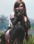  1girl arm_guards bare_shoulders black_gloves black_legwear black_skirt blurry blurry_background brown_eyes brown_hair elbow_gloves final_fantasy final_fantasy_vii final_fantasy_vii_remake fingerless_gloves gloves grass hands_on_own_cheeks hands_on_own_face highres long_hair low-tied_long_hair low_tied_hair md5_mismatch miniskirt nixeu outdoors painting pleated_skirt red_footwear shirt skirt smile squatting suspender_skirt suspenders tank_top taut_clothes taut_shirt thighhighs thighs tifa_lockhart 